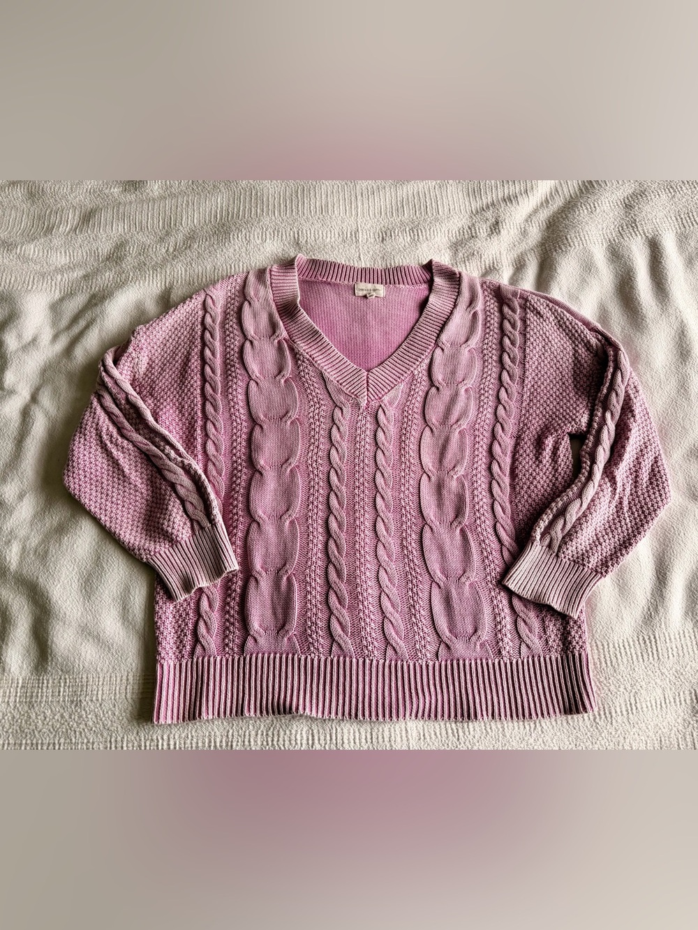 Thread & Supply Lavender Cable Knit V-Neck Cotton Sweater Small Petite